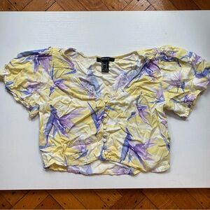 Forever 21 Birds of Paradise Purple Yellow Floral Button-Up Top Cropped Tee S
